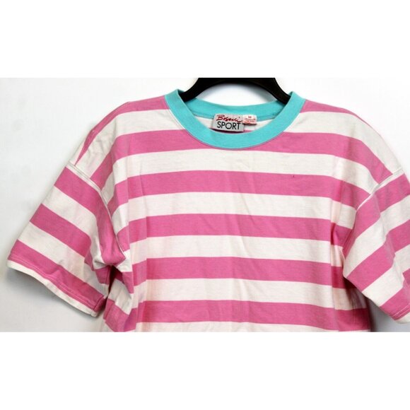 VTG 80s Boscali Pink Stripe TShirt Womens Medium Teal Crewneck Classic Preppy - Picture 2 of 10